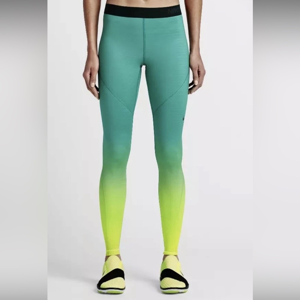 Ladies Nike Pro Hyperwarm Stretch Athletic Leggings, Teal Yellow Ombré, Size Sm